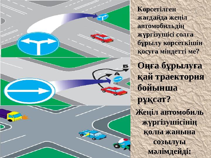 Жеңіл автомобиль жүргізушісінің қолы жанына созылуы мәлімдейді:Көрсетілген жағдайда жеңіл автомобильдің жүргізушісі солға