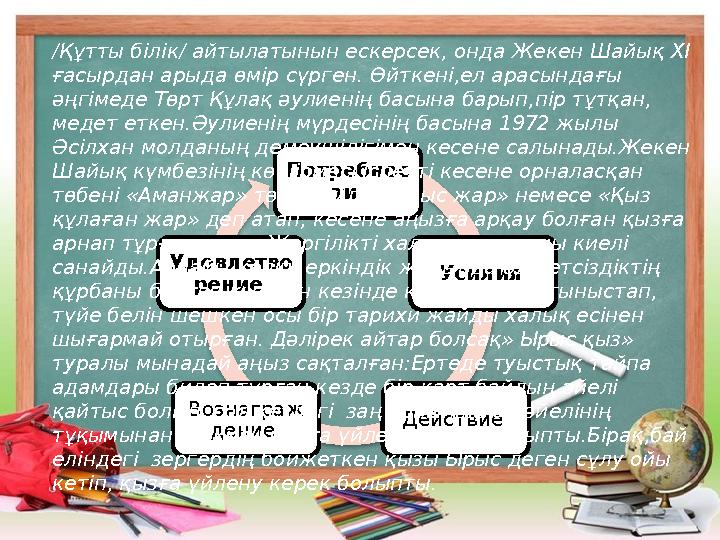 Потребнос ти Усилия Действие Вознаграж дение Удовлетво рение /Құтты білік/ айтылатынын ескерсек, онда Жекен Шайық ХІ ғасырда