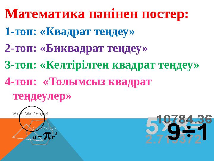 Математика пәнінен постер: 1-топ: «Квадрат теңдеу» 2-топ: «Биквадрат теңдеу» 3-топ: «Келтірілген квадрат теңдеу» 4-топ: «Толымс