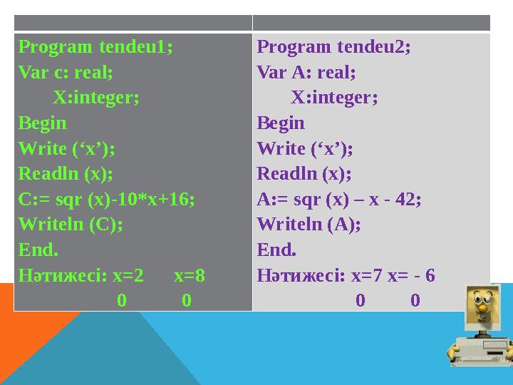 Program tendeu1; Var c: real; X:integer; Begin Write (‘x’); Readln (x); C:= sqr (x)-10*x+16; Writeln (C); End. Нәтижесі: