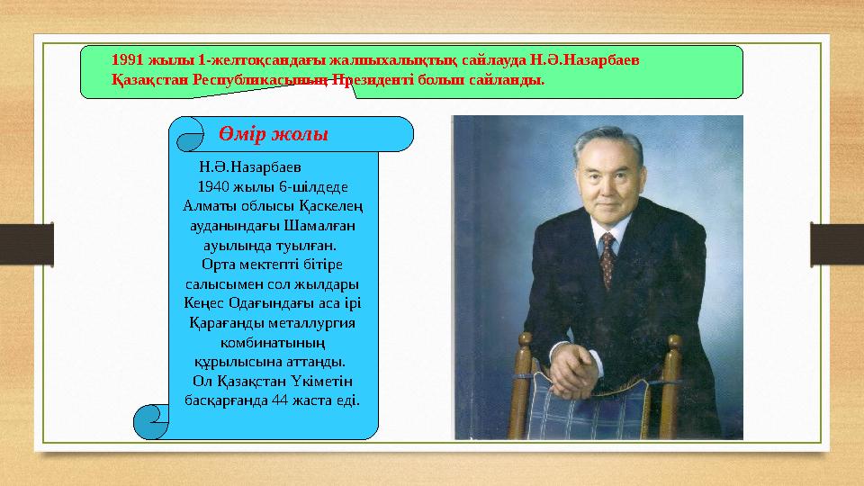 1991 жылы 1-желтоқсандағы жалпыхалықтық сайлауда Н.Ә.Назарбаев Қазақстан Республикасының Президенті болып сайланды. Н.Ә.Назарба