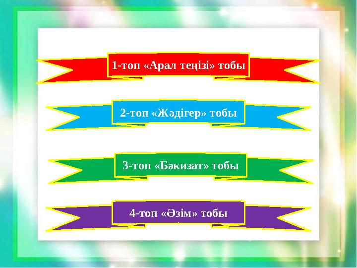 2-топ «Жәдігер» тобы 3-топ «Бәкизат» тобы 4-топ «Әзім» тобы 1-топ «Арал теңізі» тобы