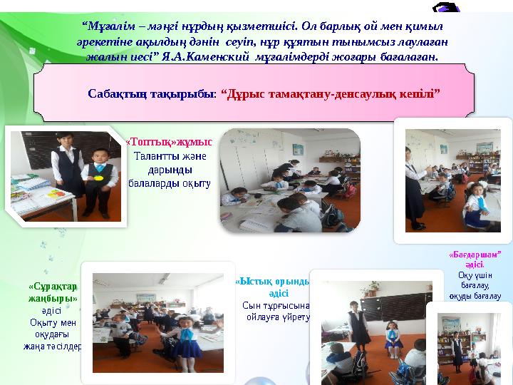 Сабақтың тақырыбы: “Дұрыс тамақтану-денсаулық кепілі” “Мұғалім – мәңгі нұрдың қызметшісі. Ол барлық ой мен қимыл әрекет