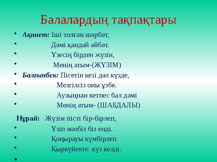 Балалардың тақпақтары •Ақниет: Іші толған шәрбәт, • Дәмі қандай әйбәт. • Үзесің бірден жүзін, •