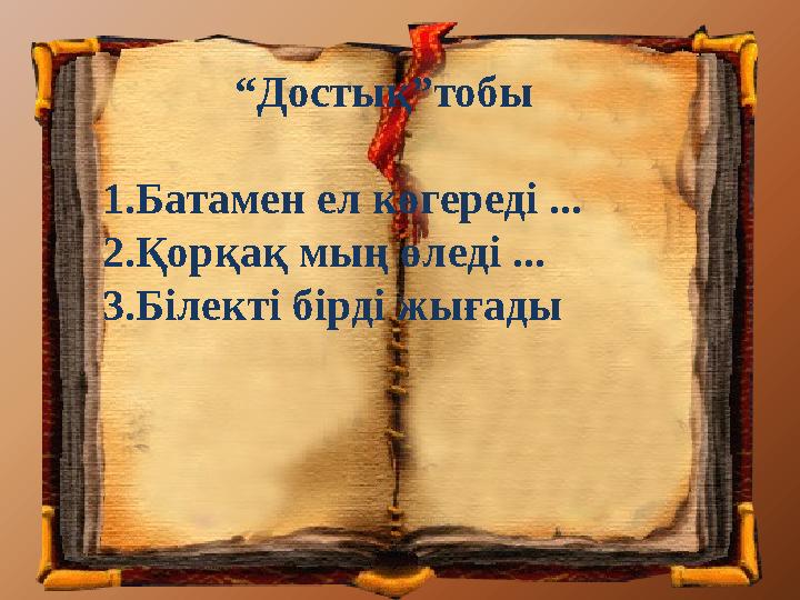 “Достық”тобы 1.Батамен ел көгереді ... 2.Қорқақ мың өледі ... 3.Білекті бірді жығады