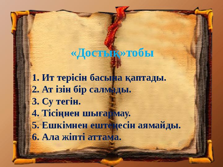 «Достық»тобы 1. Ит терісін басына қаптады. 2. Ат ізін бір салмады. 3. Су тегін. 4. Тісіңнен шығармау. 5. Ешкімнен ештеңес