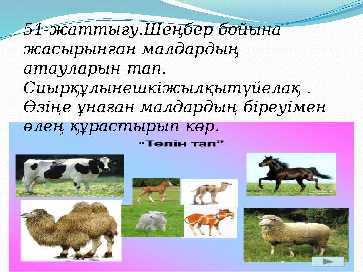 51- жаттығу.Шеңбер бойына жасырынған малдардың атауларын тап. Сиырқұлынешкіжылқытүйелақ . Өзіңе ұнаған малдардың біреуімен өл