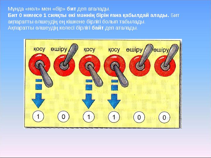 Мұнда «нөл» мен «бір» бит деп аталады. Бит 0 немесе 1 сияқты екі мәннің бірін ғана қабылдай алады. Бит ақпаратты өлшеудің ең