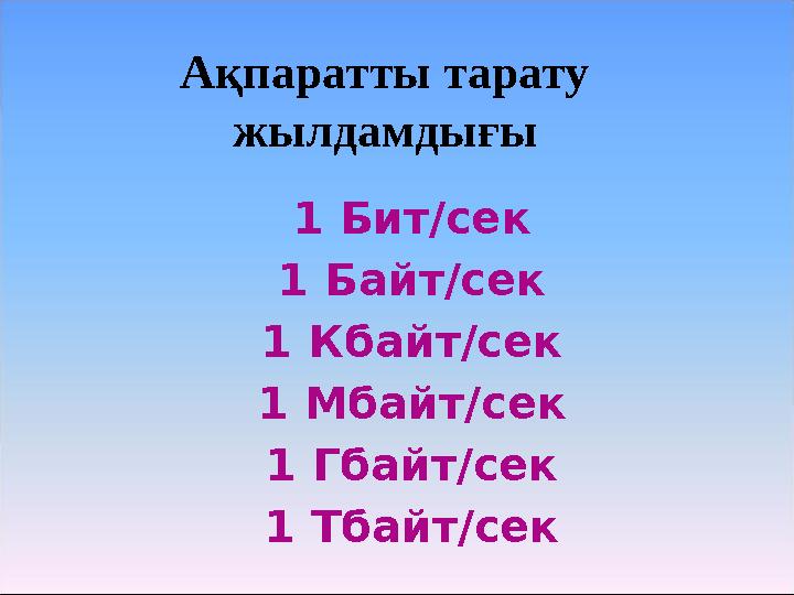 1 Бит/сек 1 Байт/сек 1 Кбайт/сек 1 Мбайт/сек 1 Гбайт/сек 1 Тбайт/секАқпаратты тарату жылдамдығы