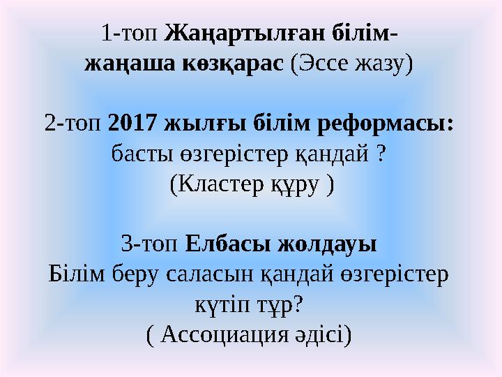 1-топ Жаңартылған білім- жаңаша көзқарас (Эссе жазу) 2-топ 2017 жылғы білім реформасы: басты өзгерістер қандай ? (Класте