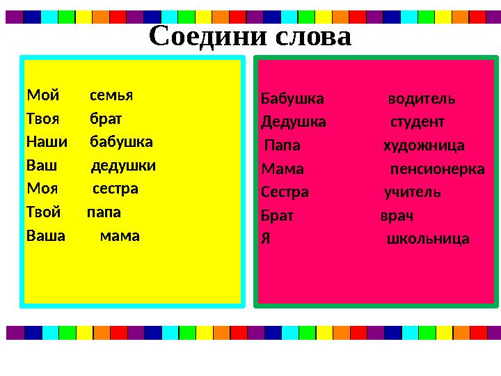 Соедини слова Мой семья Твоя брат Наши бабушка Ваш дедушки Моя сестра Твой