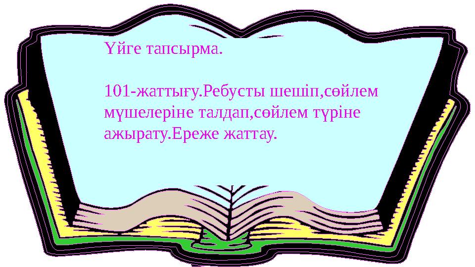 Үйге тапсырма. 101-жаттығу.Ребусты шешіп,сөйлем мүшелеріне талдап,сөйлем түріне ажырату.Ереже жаттау.