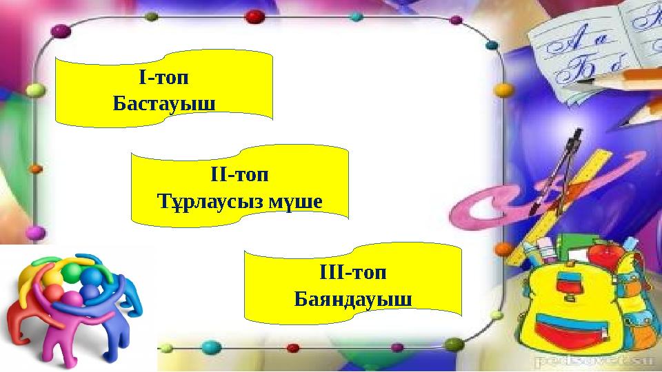 I-топ Бастауыш II-топ Тұрлаусыз мүше III-топ Баяндауыш