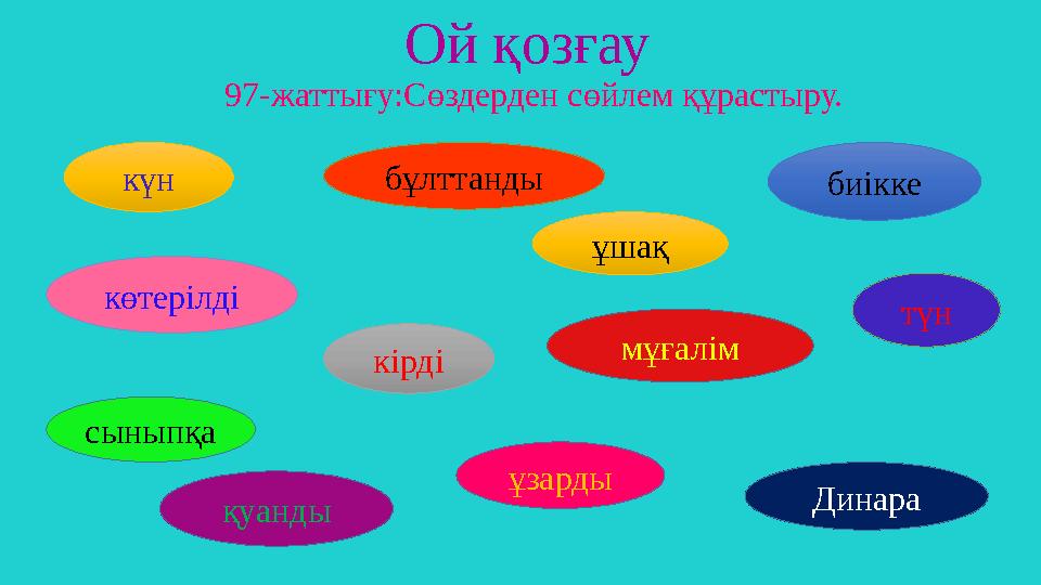 Ой қозғау 97-жаттығу:Сөздерден сөйлем құрастыру. күн бұлттанды биікке көтерілді кірді ұшақ түн мұғалім сыныпқа қуанды ұзарды