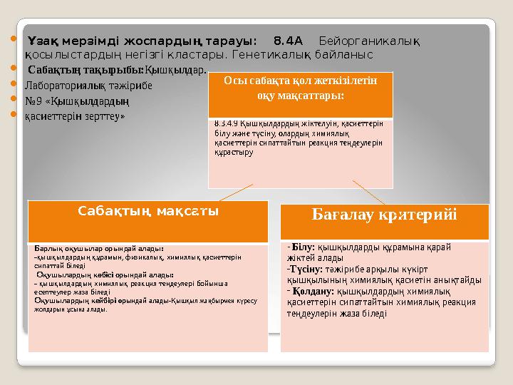  Ұзақ мерзімді жоспардың тарауы: 8.4А Бейорганикалық қосылыстардың негізгі кластары. Генетикалық байланыс  Сабақтың т