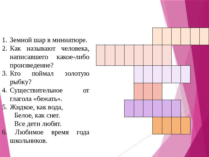 1.Земной шар в миниатюре. 2.Как называют человека, написавшего какое-либо произведение? 3.Кто поймал золотую