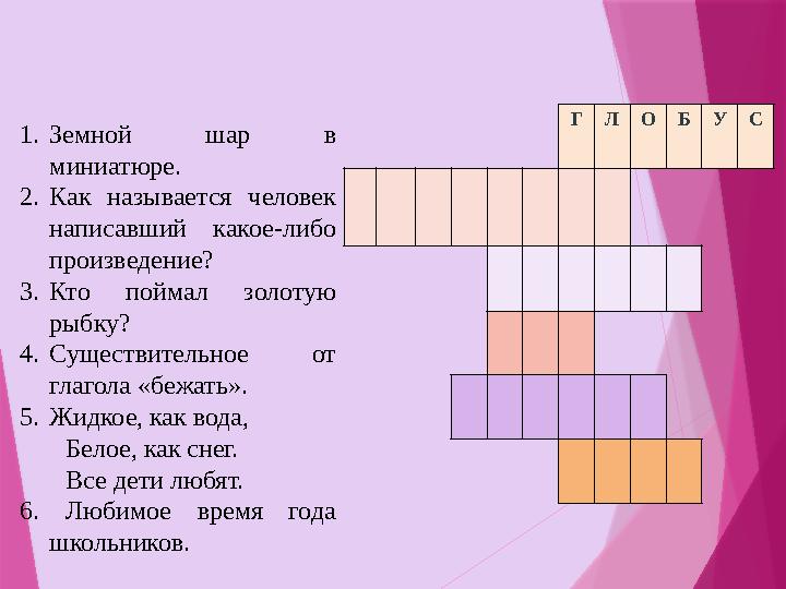 1.Земной шар в миниатюре. 2.Как называется человек написавший какое-либо произведение? 3.Кто поймал золотую