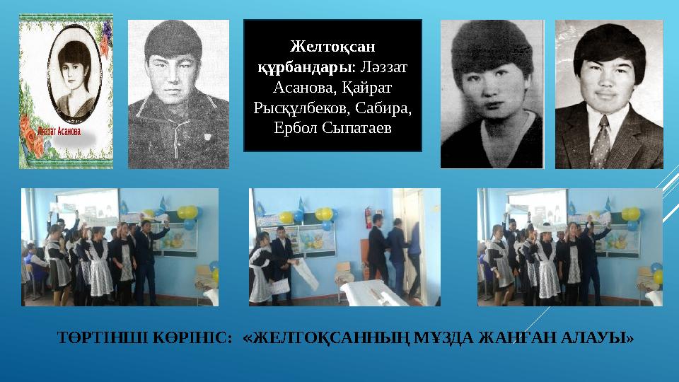 ТӨРТІНШІ КӨРІНІС: «ЖЕЛТОҚСАННЫҢ МҰЗДА ЖАНҒАН АЛАУЫ» Желтоқсан құрбандары: Ләззат Асанова, Қайрат Рысқұлбеков, Сабира, Ербол
