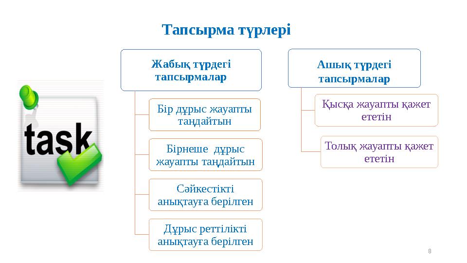 Тапсырма түрлері Жабық түрдегі тапсырмалар Бір дұрыс жауапты таңдайтын Бірнеше дұрыс жауапты таңдайтын Сәйкестікті а