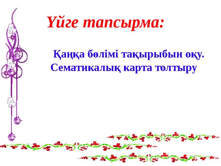 Үйге тапсырма: Қаңқа бөлімі тақырыбын оқу. Сематикалық карта толтыру
