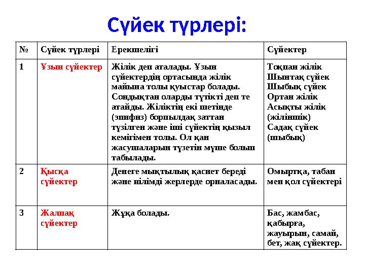 Сүйек түрлері: №Сүйек түрлері Ерекшелігі Сүйектер 1Ұзын сүйектер Жілік деп аталады. Ұзын сүйектердің ортасында жілік майына
