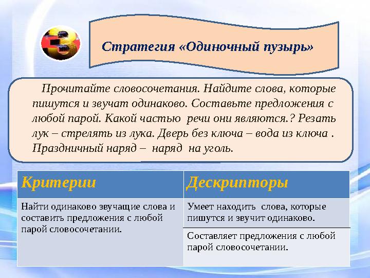 Стратегия «Одиночный пузырь» Прочитайте словосочетания. Найдите слова, которые пишутся и звучат одинаково. Составьте предло