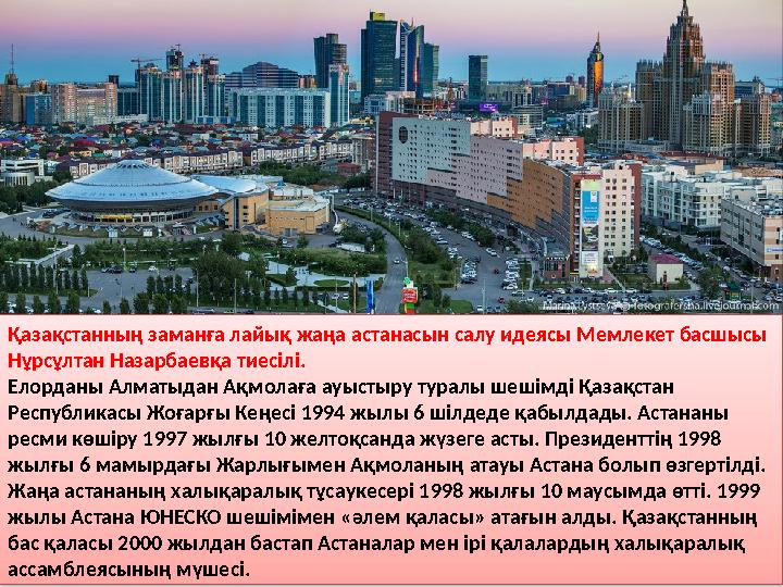 Қазақстанның заманға лайық жаңа астанасын салу идеясы Мемлекет басшысы Нұрсұлтан Назарбаевқа тиесілі. Елорданы Алматыдан Ақмол