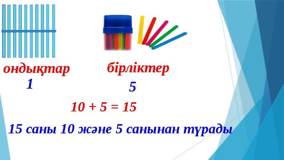 ондықтар бірліктер 1 5 15 саны 10 және 5 санынан түрады 10 + 5 = 15