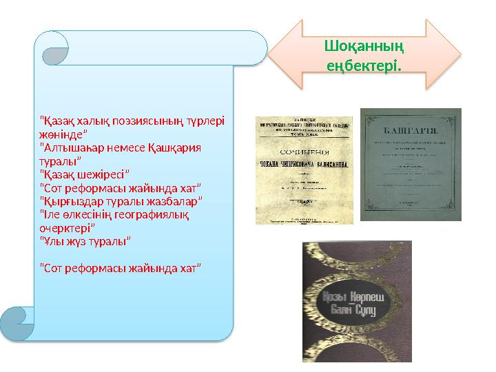 “Қазақ халық поэзиясының түрлері жөнінде” “Алтышаһар немесе Қашқария туралы” “Қазақ шежіресі” “Сот реформасы жайында хат” “Қы