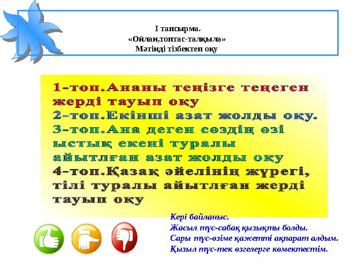 І тапсырма. «Ойлан,топтас-талқыла» Мәтінді тізбектеп оқу Кері байланыс. Жасыл түс-сабақ қызықты болды. Сары түс-өзіме қажетті