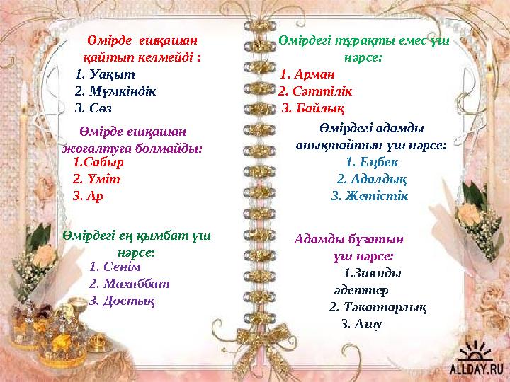 Өмірде ешқашан қайтып келмейді : 1. Уақыт 2. Мүмкіндік 3. Сөз Өмірде ешқашан жоғалтуға болмайды: 1.Сабыр 2. Үміт 3. Ар Өмі