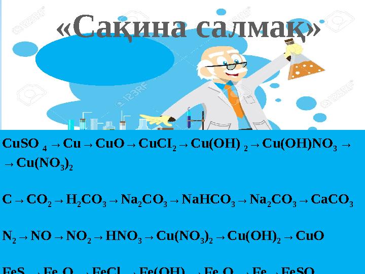 «Сақина салмақ» CuSO 4 →Cu→CuO→CuCI 2 →Cu(OH) 2 →Cu(OH)NO 3 → →Cu(NO 3 ) 2 C→CO 2 →H 2 CO 3 →Na 2 CO 3 →NaHCO 3 →Na 2 CO 3 →