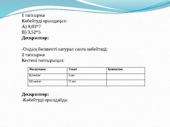 Жылдамдық Уақыт Қашықтық 8,2км/сағ 3 сағ 6,6 км/сағ 11 сағ 1 тапсырма Көбейтуді орындаңыз: А) 9,03*7 В) 3,52*5 Дескриптор: -Онд