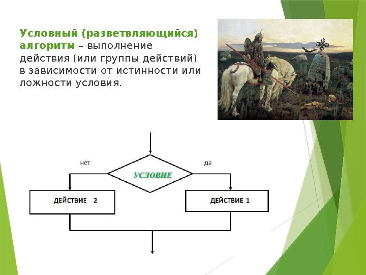 Условный (разветвляющийся) алгоритм – выполнение действия (или группы действий) в зависимости от истинности или ложности у