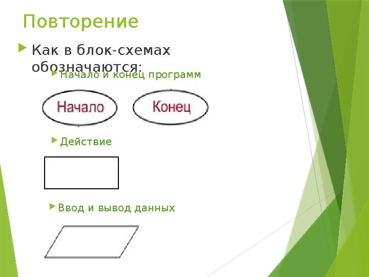 Повторение  Как в блок-схемах обозначаются:  Начало и конец программ  Действие  Ввод и вывод данных