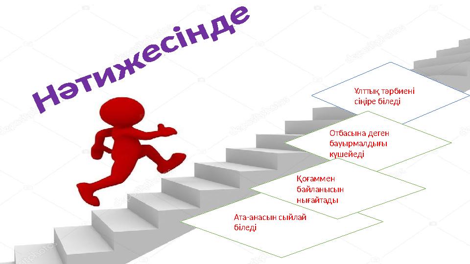 Ұлттық тәрбиені сіңіре біледі Ата-анасын сыйлай біледі Отбасына деген бауырмалдығы күшейеді Қоғаммен байланысын нығайтады