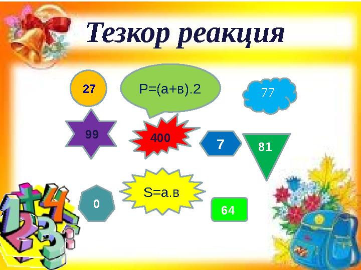 0 Тезкор реакция 27 77Р=(а+в).2 99 S=а.в 81 64 400 7 0 81