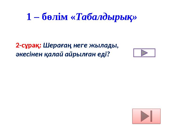 1 – бөлім « Табалдырық» 2-сұрақ: Шерағаң неге жылады, әкесінен қалай айрылған еді?