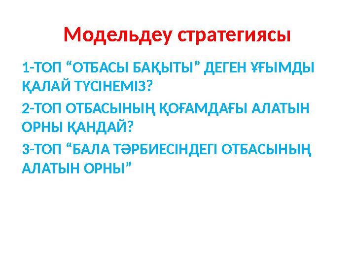 Модельдеу стратегиясы 1-ТОП “ОТБАСЫ БАҚЫТЫ” ДЕГЕН ҰҒЫМДЫ ҚАЛАЙ ТҮСІНЕМІЗ? 2-ТОП ОТБАСЫНЫҢ ҚОҒАМДАҒЫ АЛАТЫН ОРНЫ ҚАНДАЙ? 3-ТОП