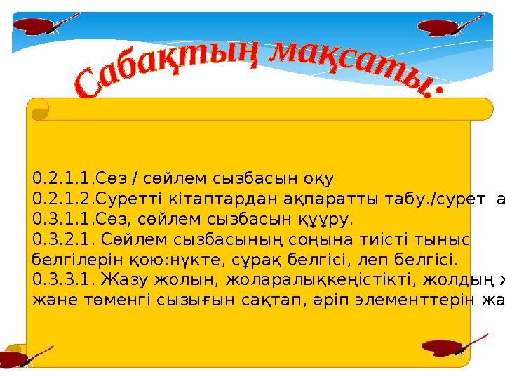 0.2.1.1.Сөз / сөйлем сызбасын оқу 0.2.1.2.Суретті кітаптардан ақпаратты табу./сурет арқылы/ 0.3.1.1.Сөз, сөйлем сызбасын құұр