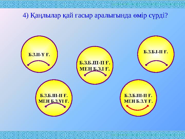 4) Қаңлылар қай ғасыр аралығында өмір сүрді? Б.З.Б.ІІІ-ІІ Ғ. МЕН Б.З.Ү Ғ.Б.З.ІІ-Ү Ғ. Б.З.Б.І-ІІ Ғ. Б.З.Б.ІІІ-ІІ Ғ. МЕН Б.З.ҮІ Ғ.