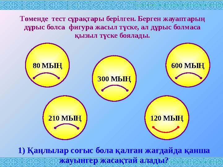 1) Қаңлылар соғыс бола қалған жағдайда қанша жауынгер жасақтай алады? 120 МЫҢ80 МЫҢ 600 МЫҢ 210 МЫҢ 300 МЫҢТөменде тест сұрақт