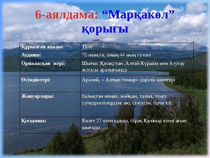 6-аялдама: “Марқакөл” қорығы Құрылған жылы: 1976 Ауданы: 75 мың га, оның 44 мың га көл Орналасқан жері: Шығыс Қазақстан ,Ал