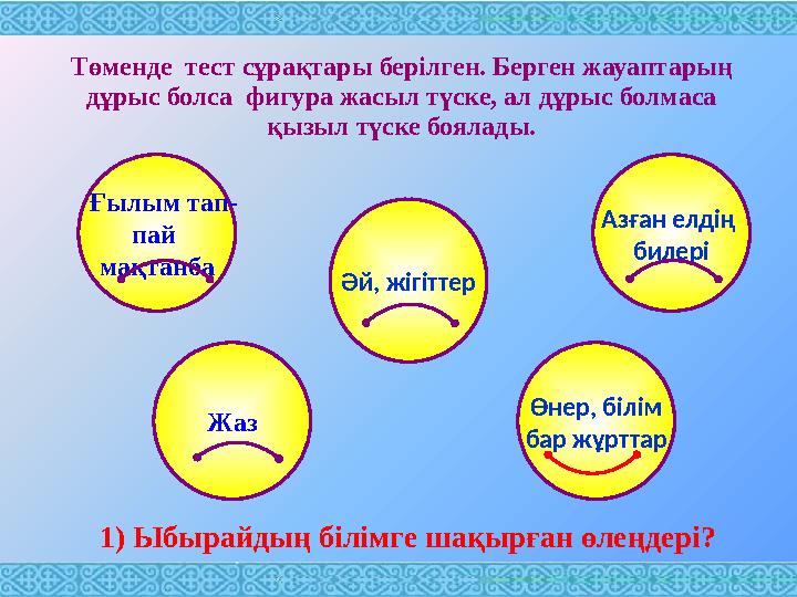 1) Ыбырайдың білімге шақырған өлеңдері? Өнер, білім бар жұрттар Ғылым тап- пай мақтанба Азған елдің билері Жаз Әй, жігітт