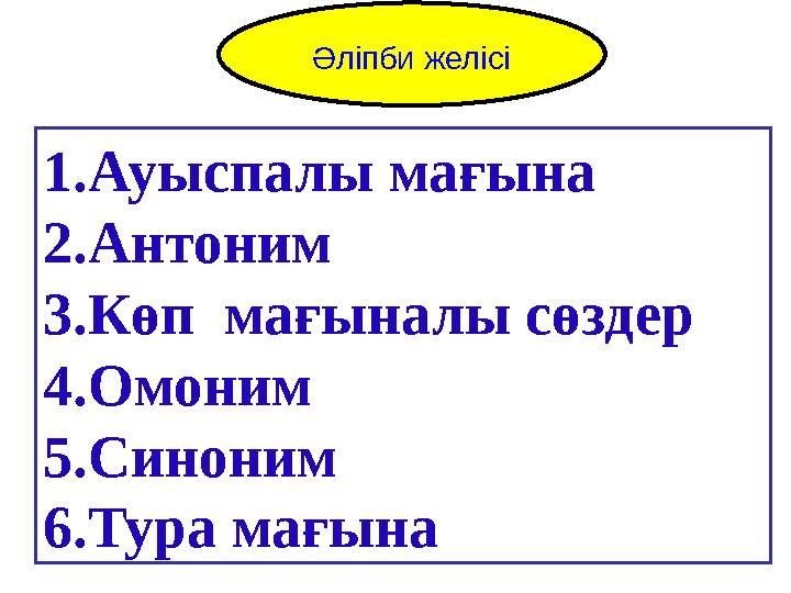 Alphabet LineӘліпби желісі 1.Ауыспалы мағына 2.Антоним 3.Көп мағыналы сөздер 4.Омоним 5.Синоним 6.Тура мағына