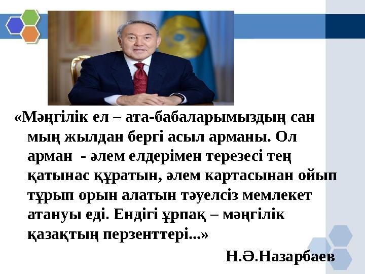«Мәңгілік ел – ата-бабаларымыздың сан мың жылдан бергі асыл арманы. Ол арман - әлем елдерімен терезесі тең қатынас құратын,
