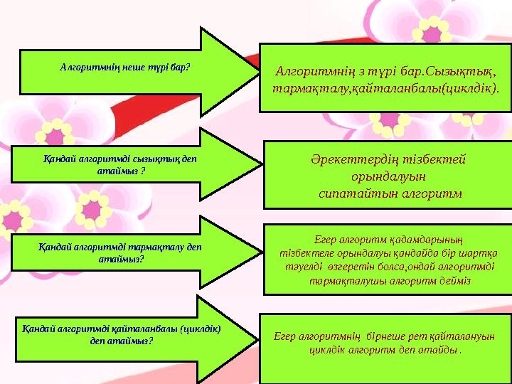 Алгоритмнің неше түрі бар? Қандай алгоритмді сызықтық деп атаймыз ? Алгоритмнің з түрі бар.Сызықтық, тармақталу,қайталанбалы(ци