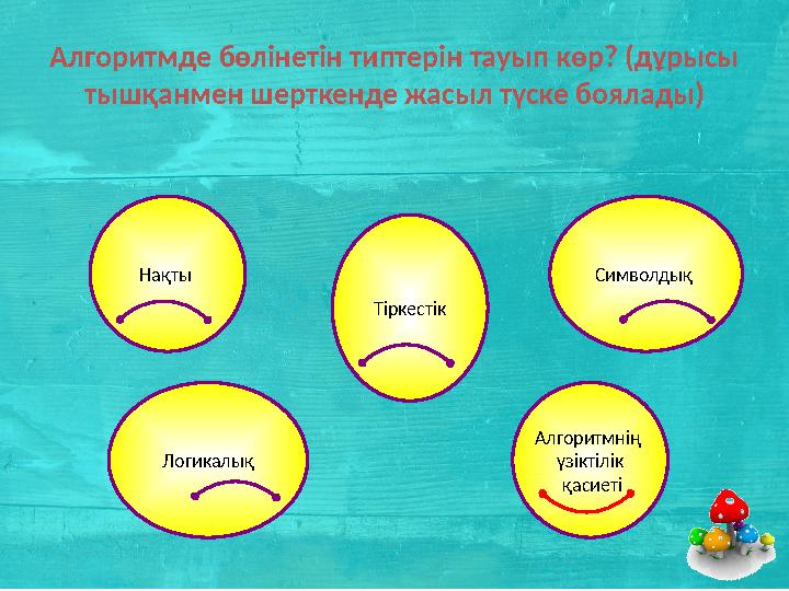 Алгоритмде бөлінетін типтерін тауып көр? (дұрысы тышқанмен шерткенде жасыл түске боялады) Алгоритмнің үзіктілік қасиетіНақты