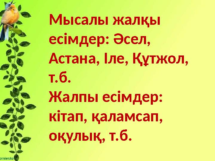 Мысалы жалқы есімдер: Әсел, Астана, Іле, Құтжол, т.б. Жалпы есімдер: кітап, қаламсап, оқулық, т.б.