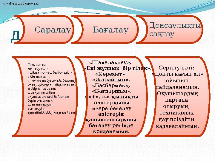 Д Саралау Бағалау Денсаулықты сақтау «Шапалақтау», «Екі жұлдыз, бір тілек», «Керемет», «Жарайсың», «Басб